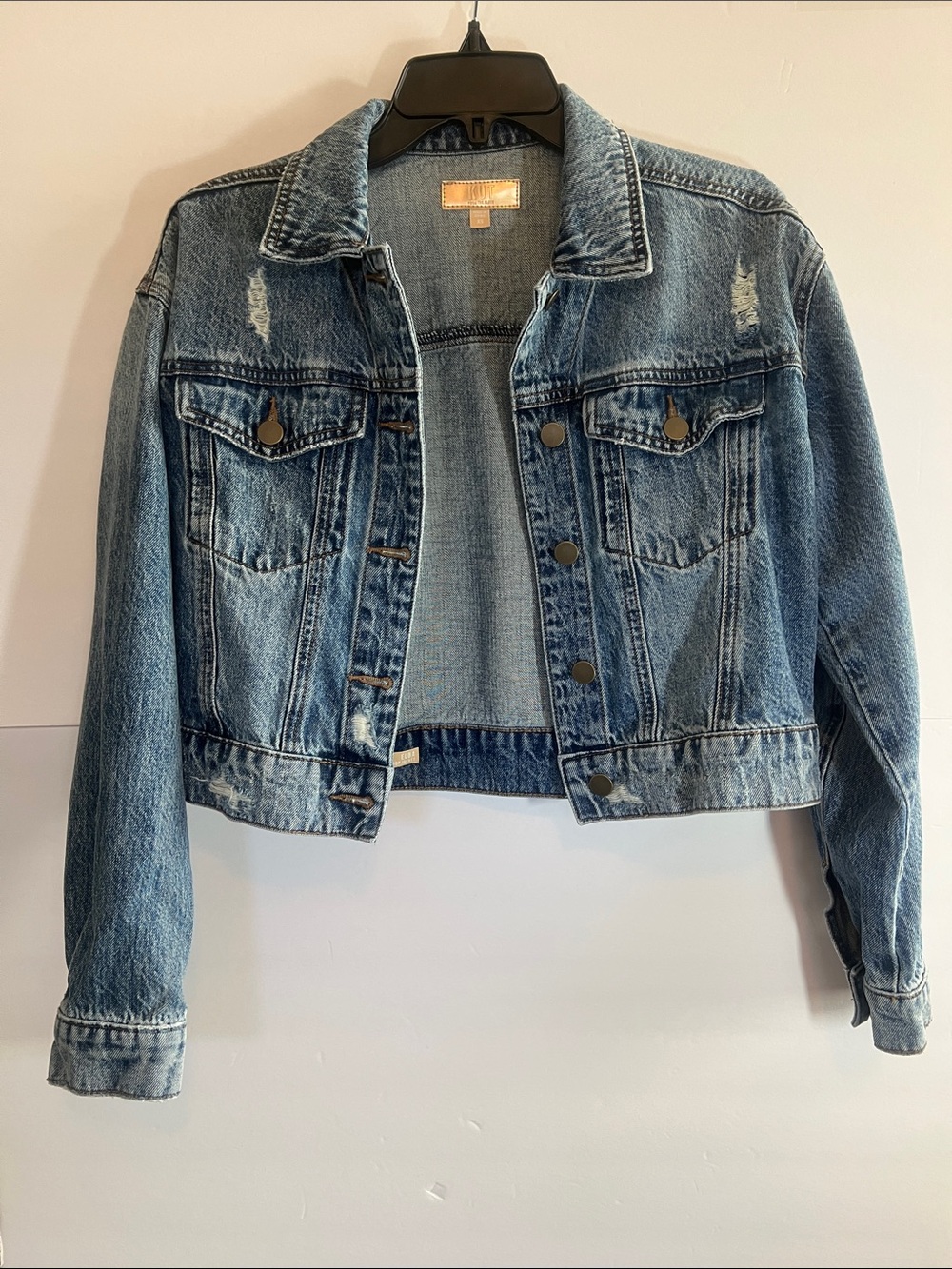 Kut from the Kloth, Cropped Light Blue Denim Jacket, distressed, size XS
